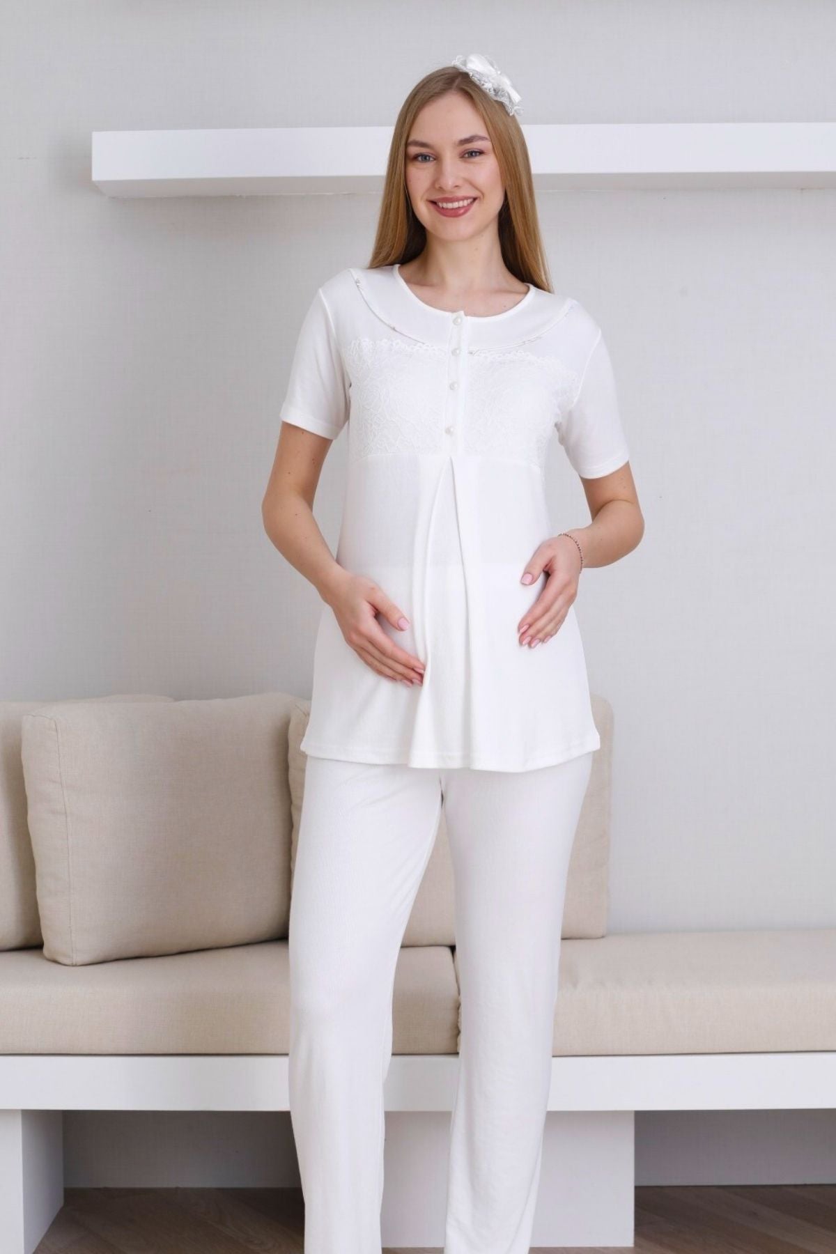 Dantelli Yaka Lohusa Pijama ve Desenli Sabahlık Takımı - 3436