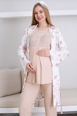 Image of Dantelli Yaka Lohusa Pijama ve Desenli Sabahlık Takımı - 3436