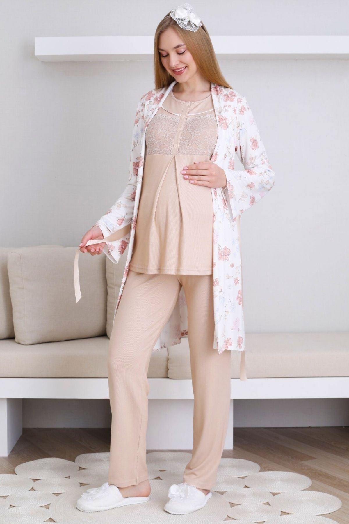 Dantelli Yaka Lohusa Pijama ve Desenli Sabahlık Takımı - 3436