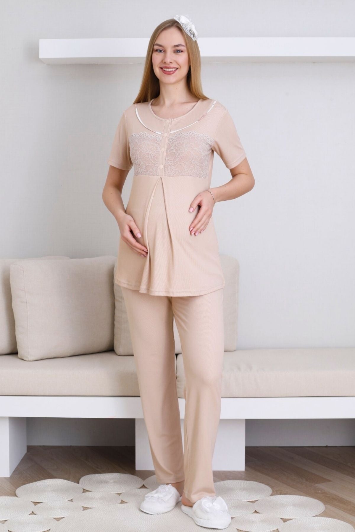 Dantelli Yaka Lohusa Pijama ve Desenli Sabahlık Takımı - 3436