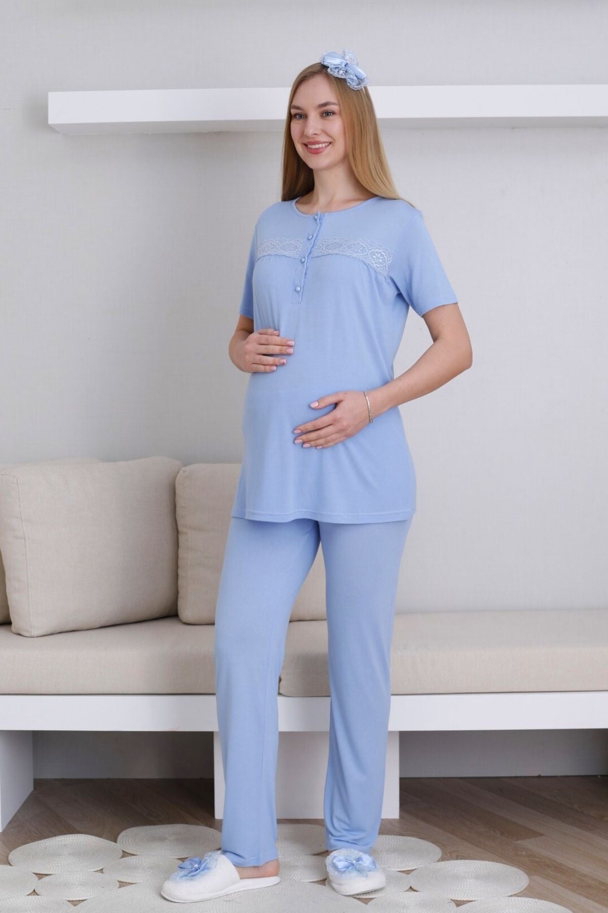 Dantel Detaylı Lohusa Pijama ve Sabahlık Takımı - 3439