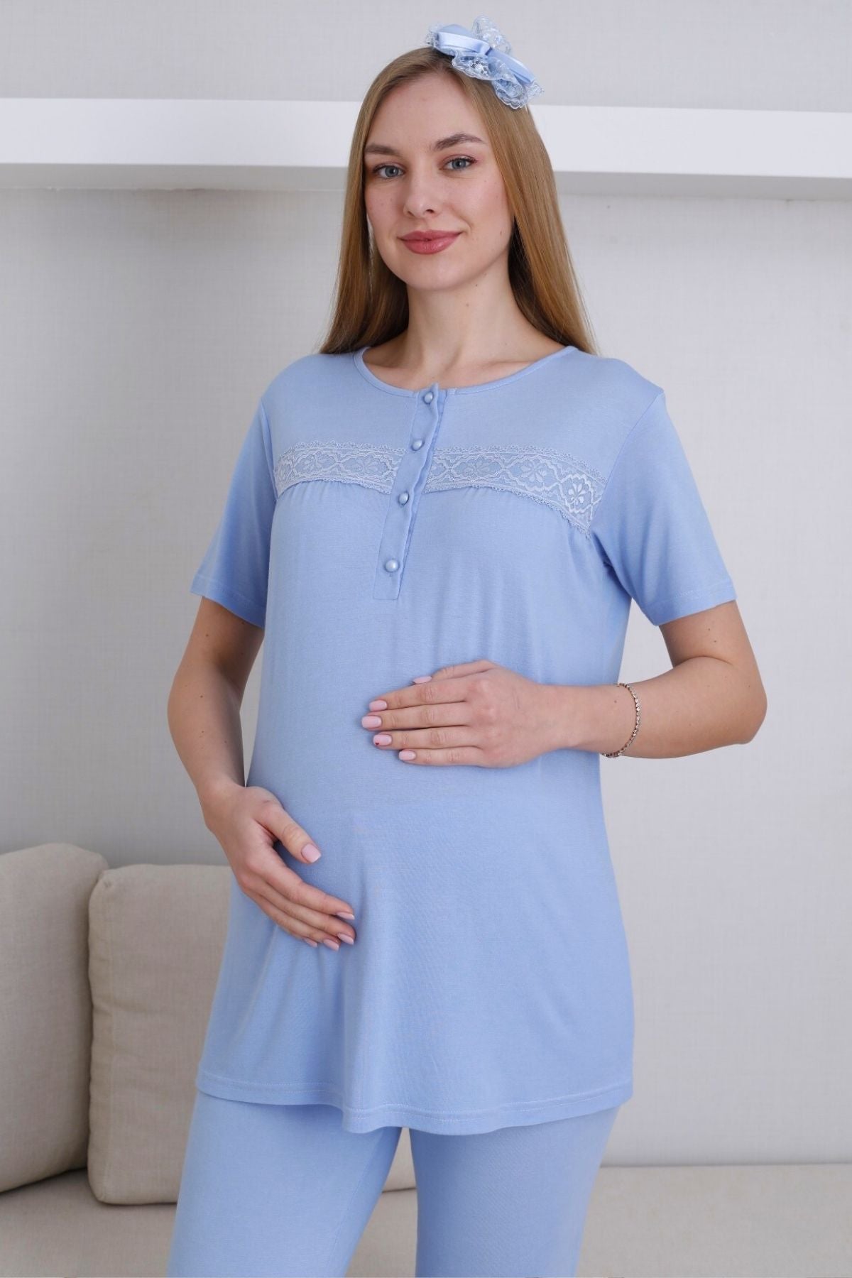 Dantel Detaylı Lohusa Pijama ve Sabahlık Takımı - 3439