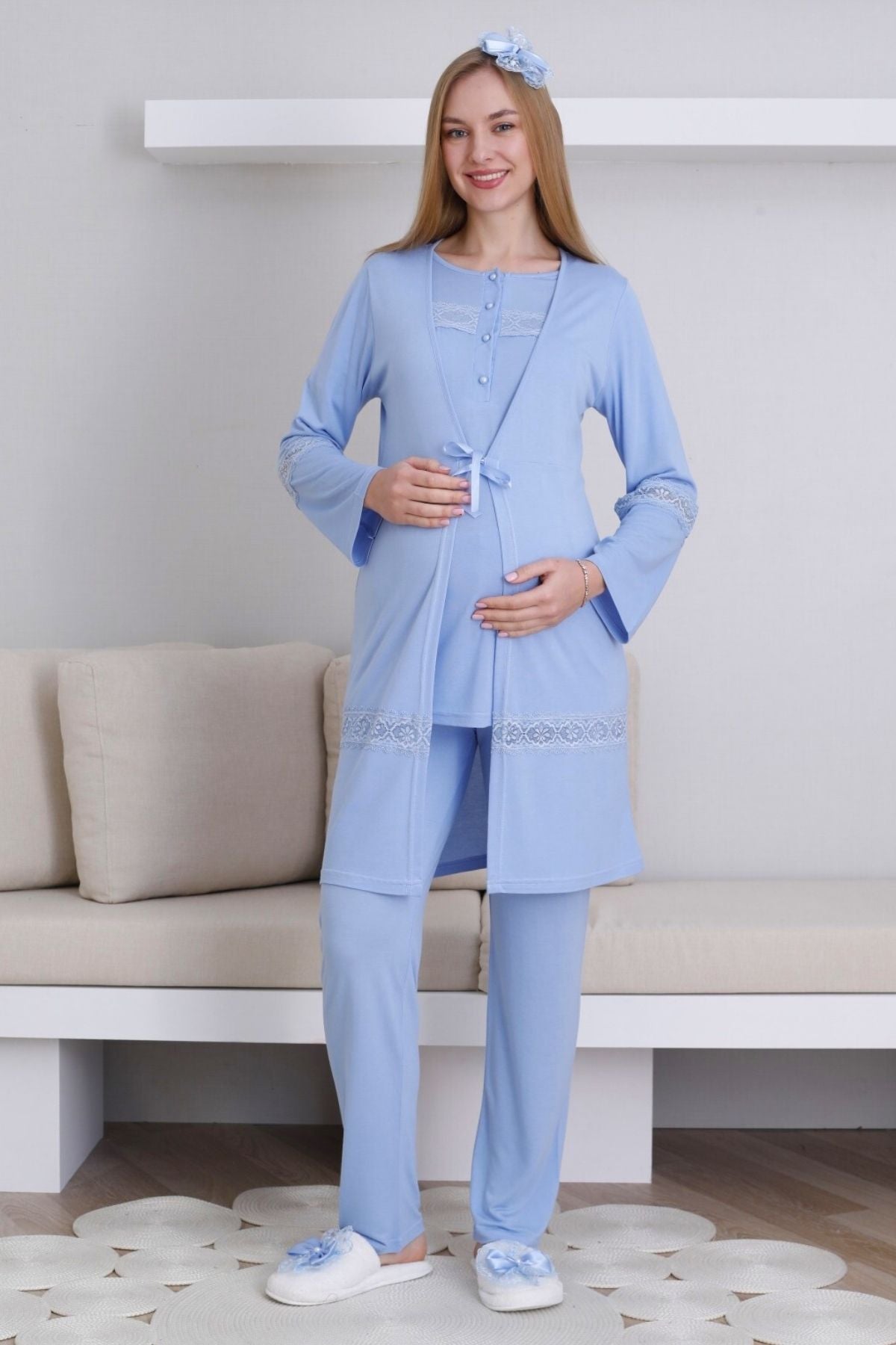 Dantel Detaylı Lohusa Pijama ve Sabahlık Takımı - 3439
