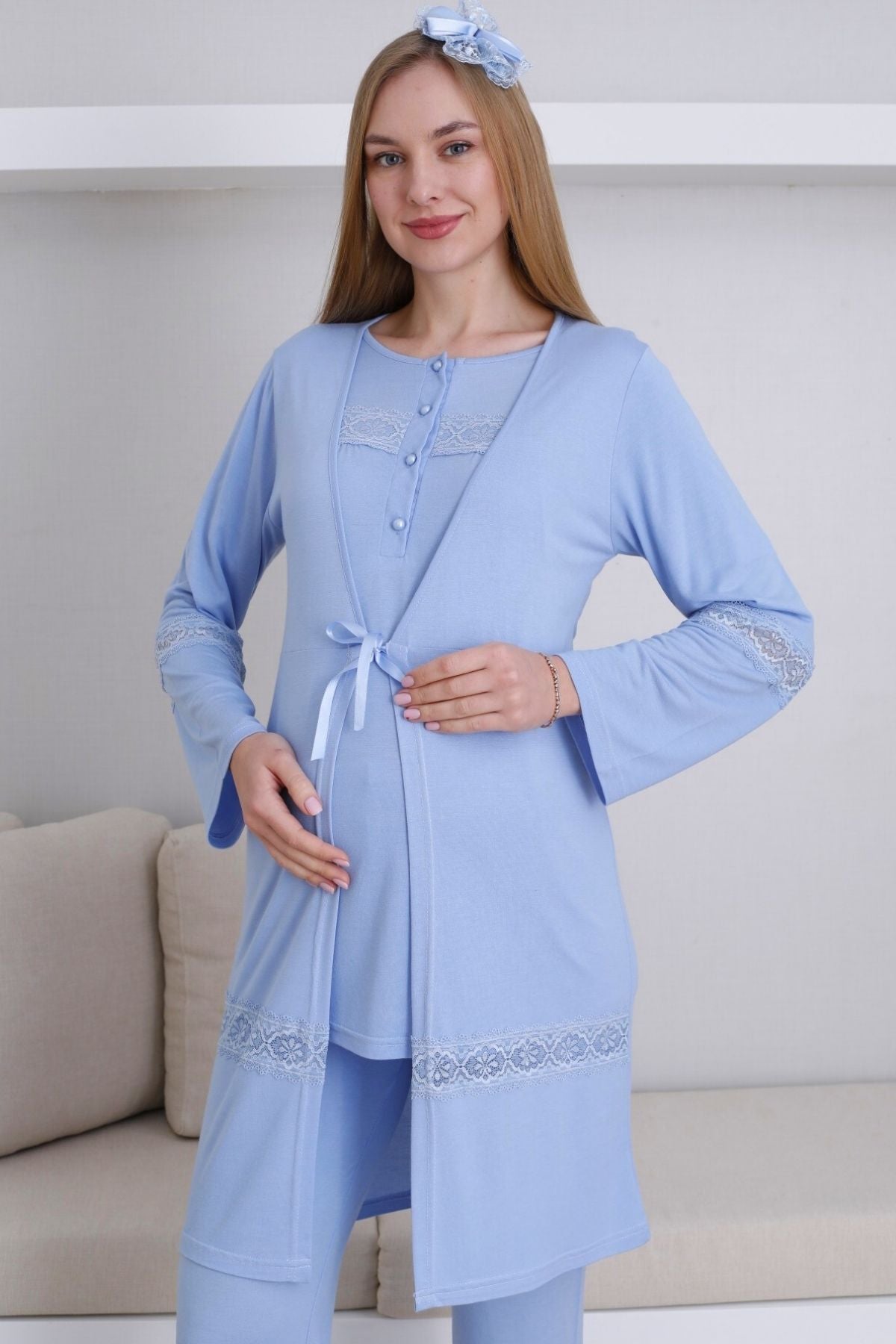 Dantel Detaylı Lohusa Pijama ve Sabahlık Takımı - 3439