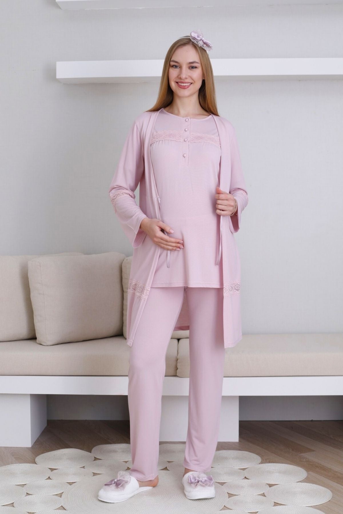 Dantel Detaylı Lohusa Pijama ve Sabahlık Takımı - 3439