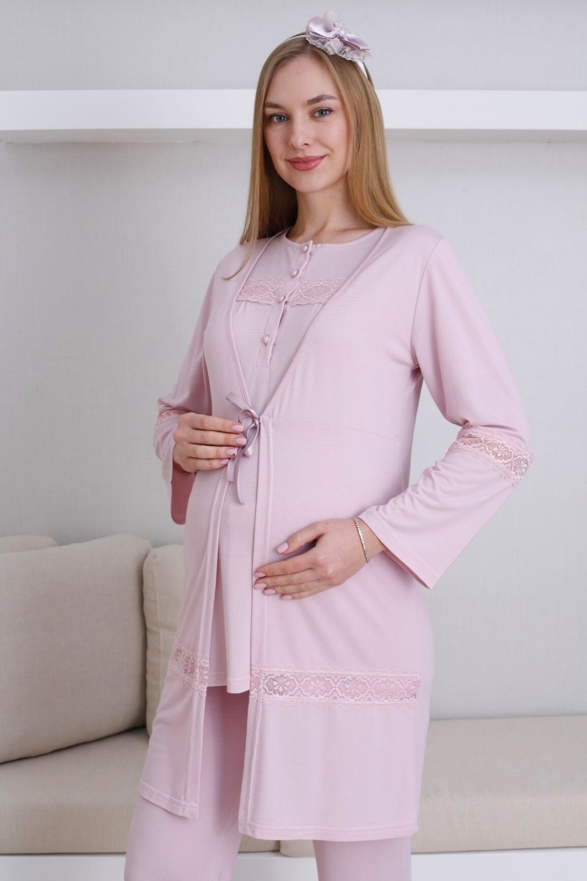 Dantel Detaylı Lohusa Pijama ve Sabahlık Takımı - 3439