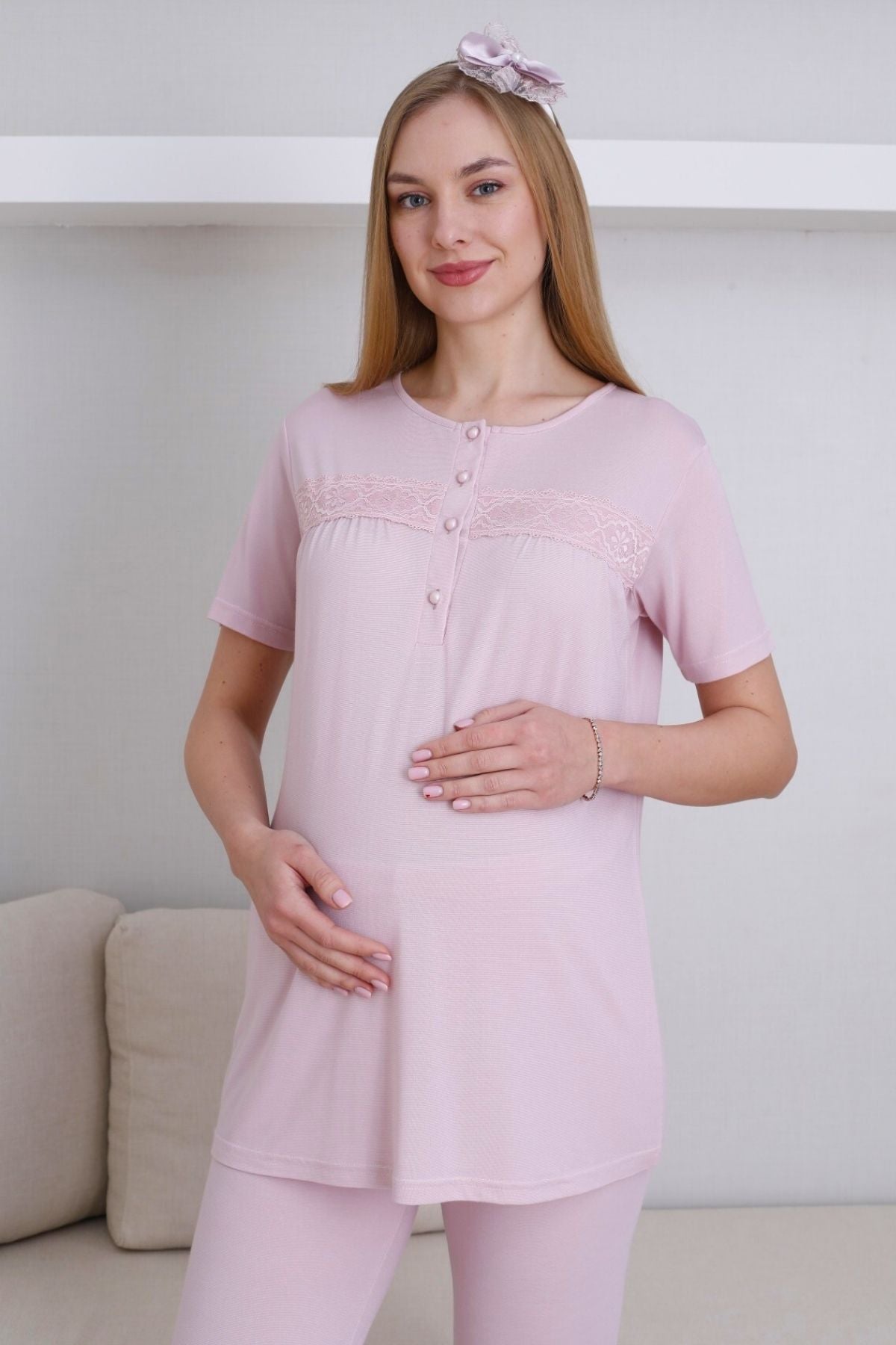 Dantel Detaylı Lohusa Pijama ve Sabahlık Takımı - 3439