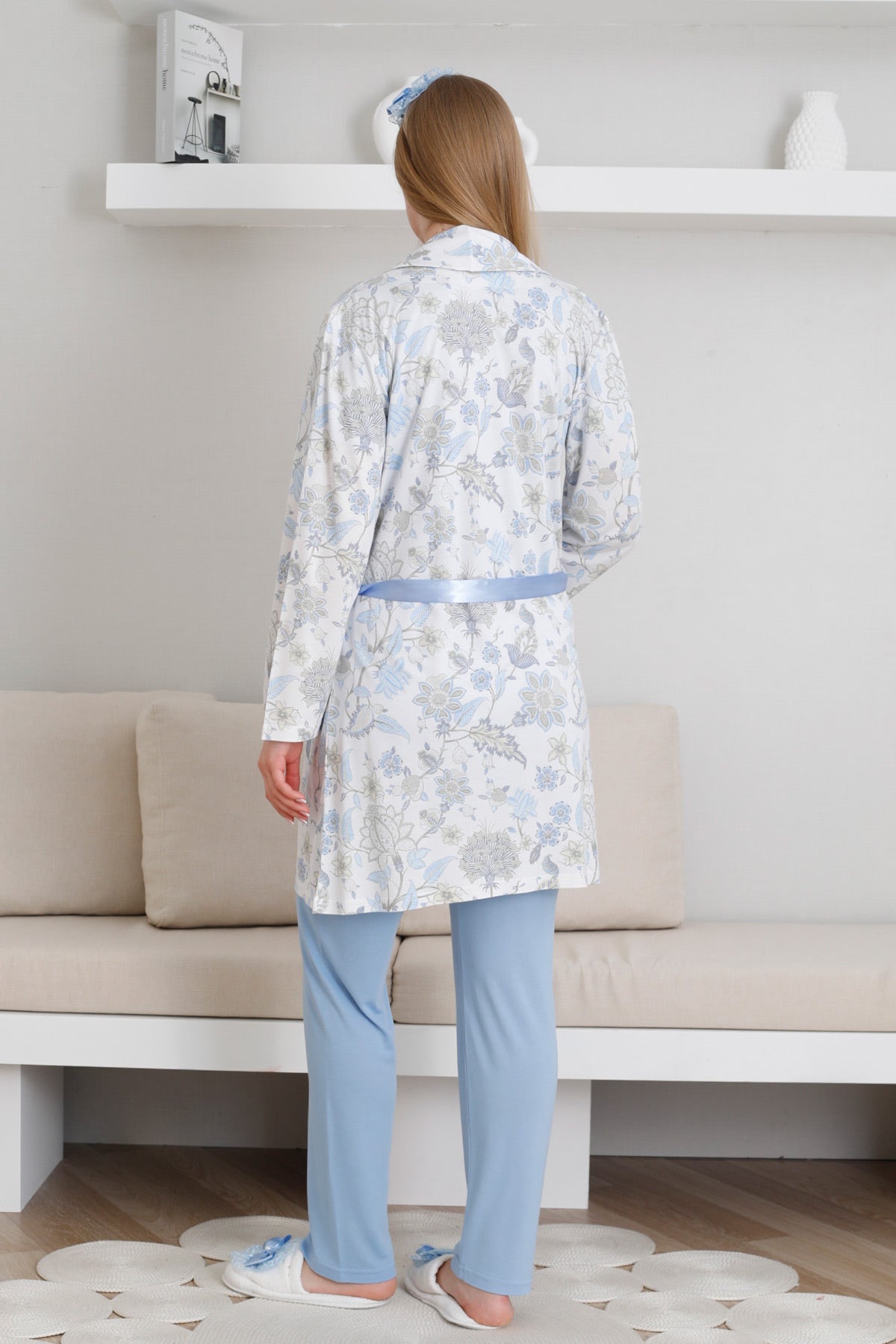 Dantelli Yaka Lohusa Pijama ve Desenli Sabahlık Takımı - 3440