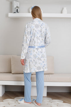 Image of Dantelli Yaka Lohusa Pijama ve Desenli Sabahlık Takımı - 3440