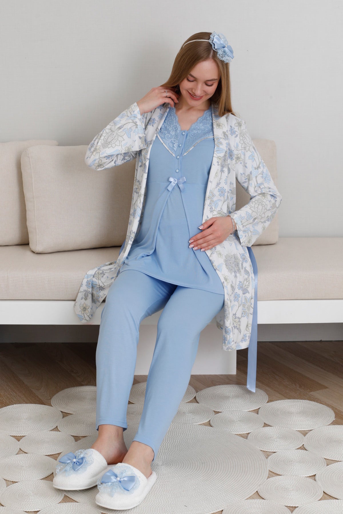 Dantelli Yaka Lohusa Pijama ve Desenli Sabahlık Takımı - 3440