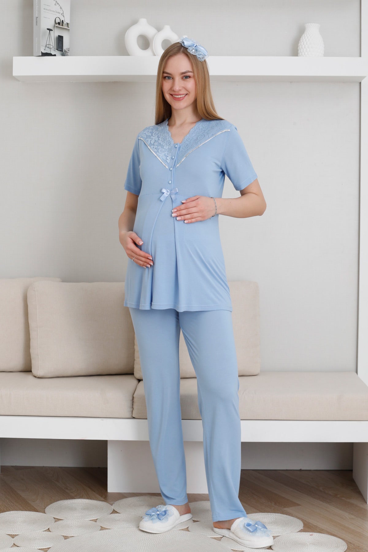 Dantelli Yaka Lohusa Pijama ve Desenli Sabahlık Takımı - 3440