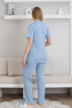 Image of Dantelli Yaka Lohusa Pijama ve Desenli Sabahlık Takımı - 3440