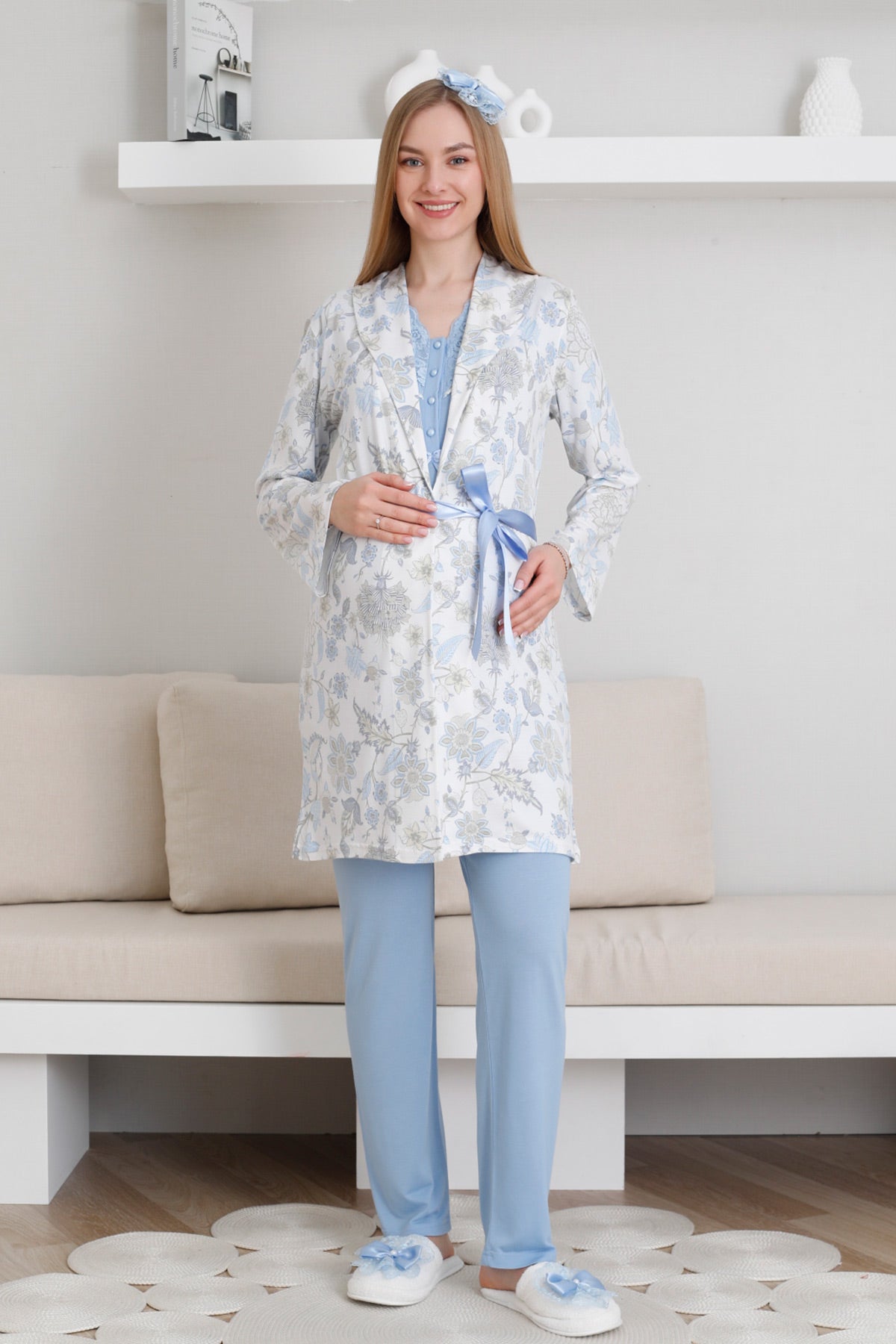 Dantelli Yaka Lohusa Pijama ve Desenli Sabahlık Takımı - 3440