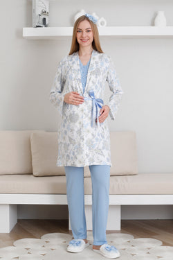 Image of Dantelli Yaka Lohusa Pijama ve Desenli Sabahlık Takımı - 3440