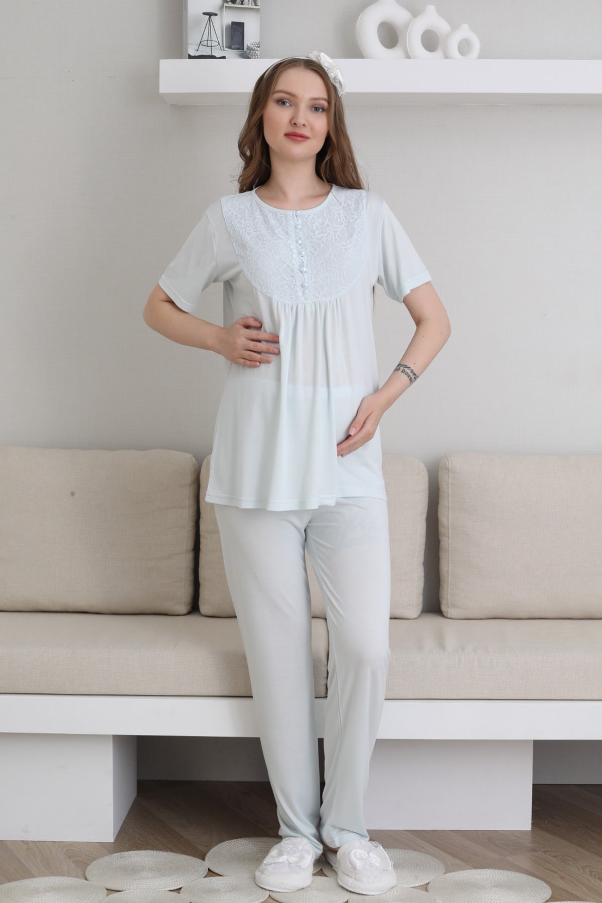 Güpürlü Yaka Lohusa Pijama ve Desenli Sabahlık Takımı - 3441