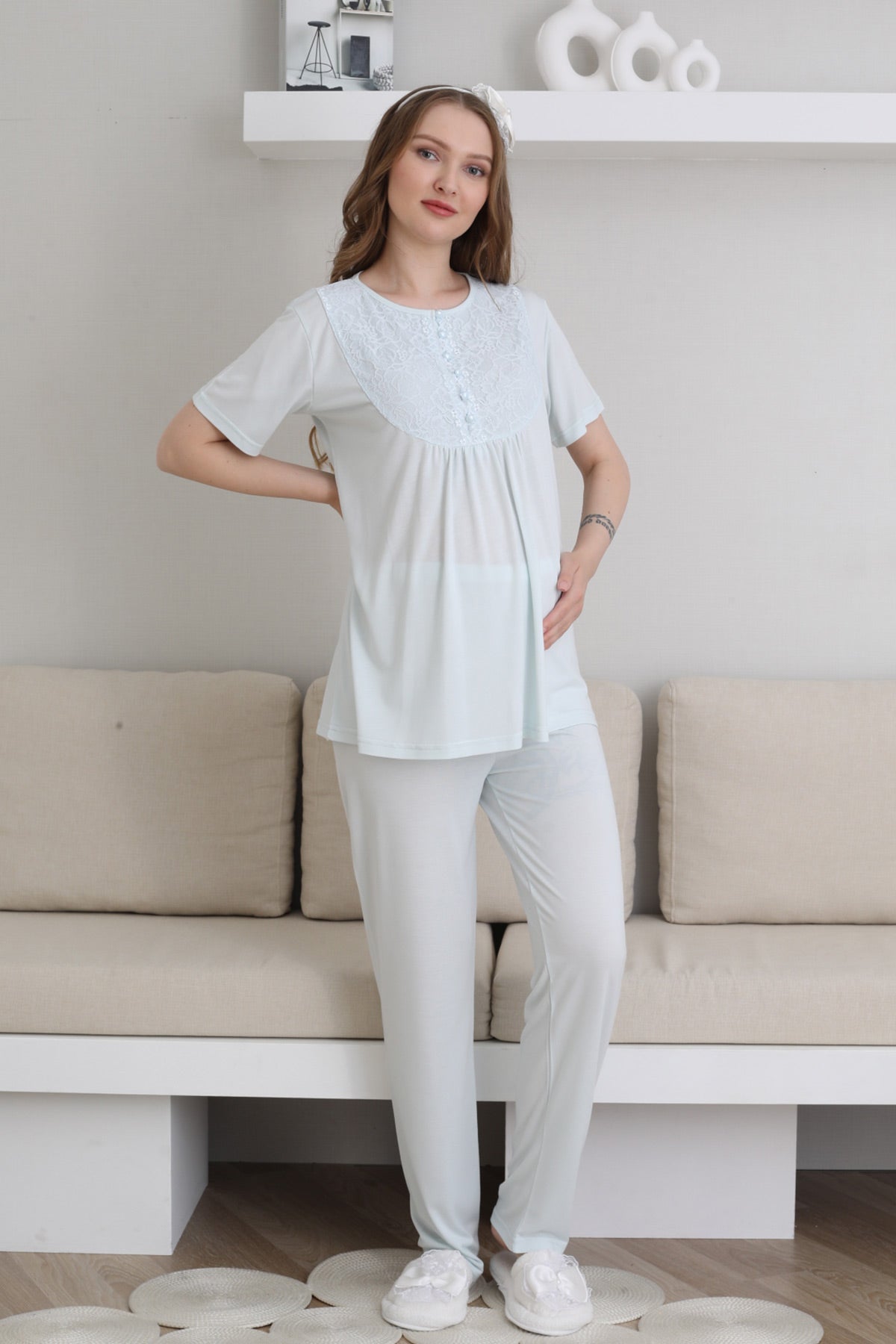 Güpürlü Yaka Lohusa Pijama ve Desenli Sabahlık Takımı - 3441