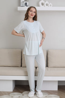 Image of Güpürlü Yaka Lohusa Pijama ve Desenli Sabahlık Takımı - 3441