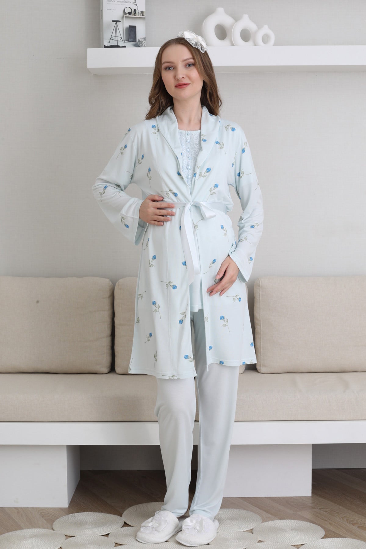 Güpürlü Yaka Lohusa Pijama ve Desenli Sabahlık Takımı - 3441