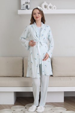 Image of Güpürlü Yaka Lohusa Pijama ve Desenli Sabahlık Takımı - 3441