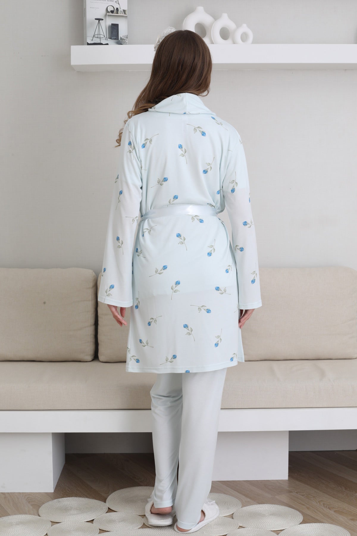 Güpürlü Yaka Lohusa Pijama ve Desenli Sabahlık Takımı - 3441