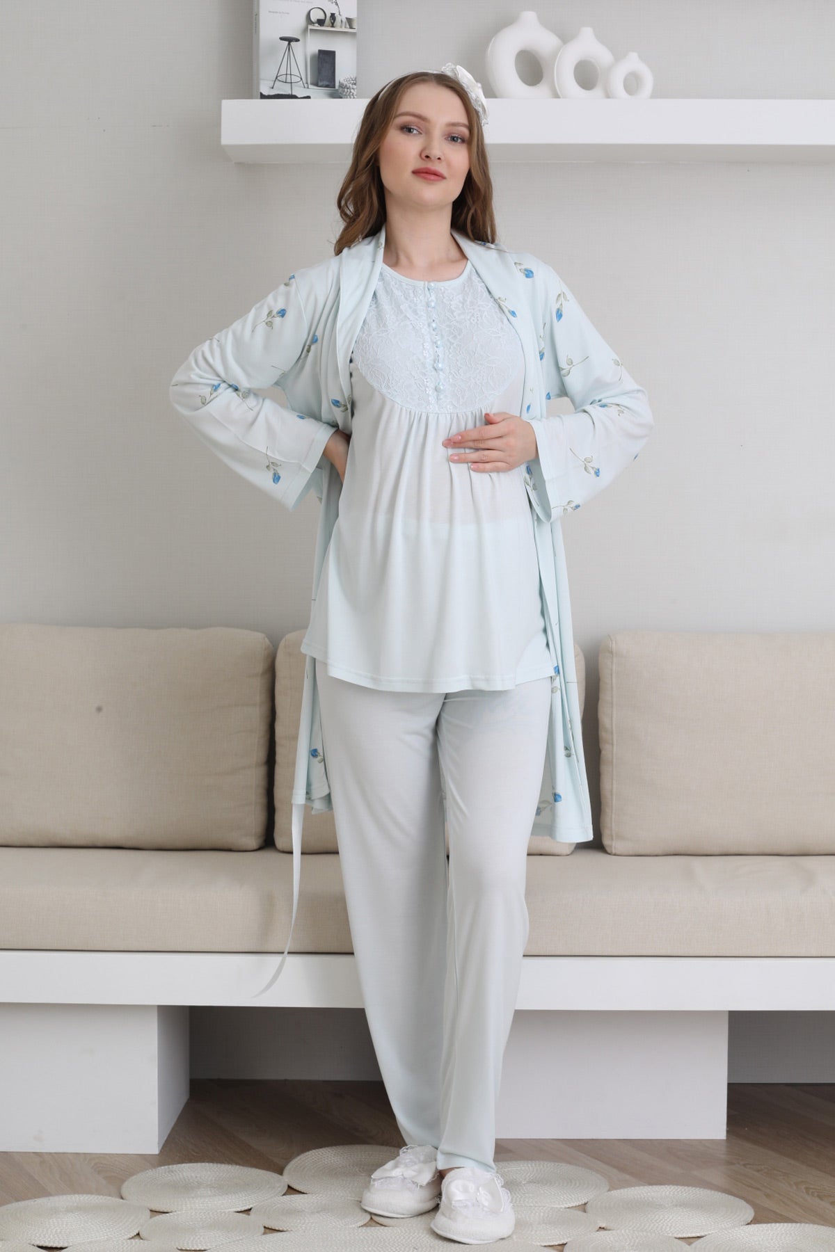Güpürlü Yaka Lohusa Pijama ve Desenli Sabahlık Takımı - 3441