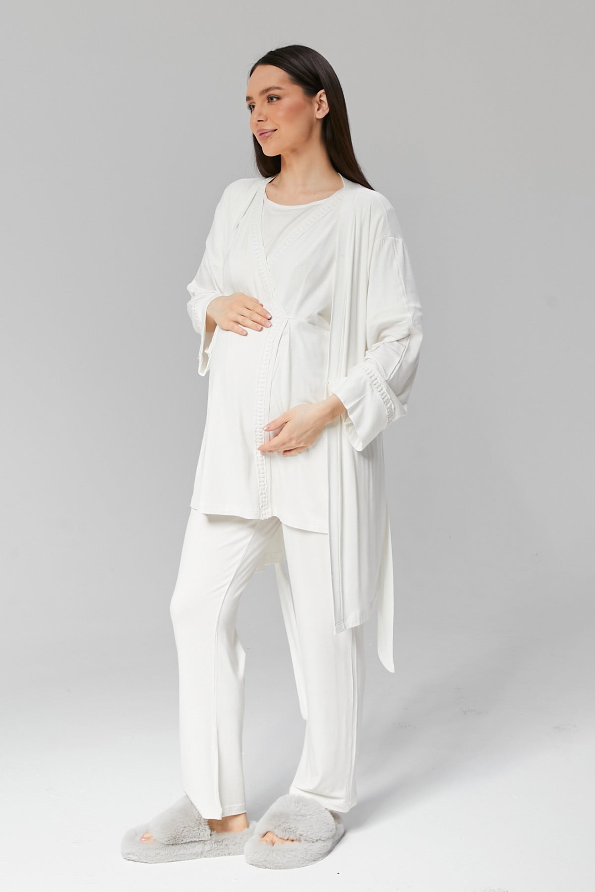 Kruvaze Lohusa Pijama ve Dantel Detaylı Sabahlık Takımı - 519
