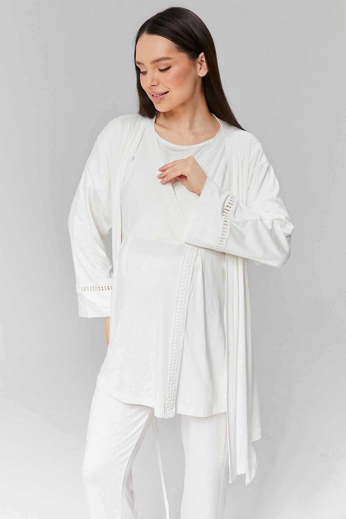 Kruvaze Lohusa Pijama ve Dantel Detaylı Sabahlık Takımı - 519