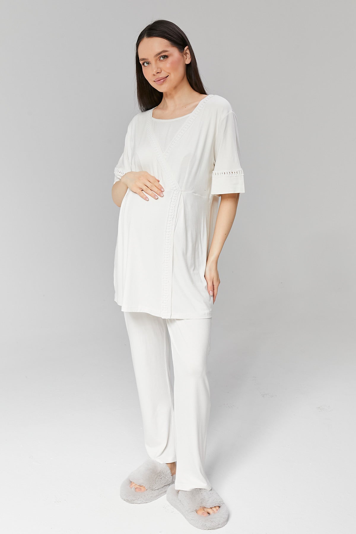 Kruvaze Lohusa Pijama ve Dantel Detaylı Sabahlık Takımı - 519