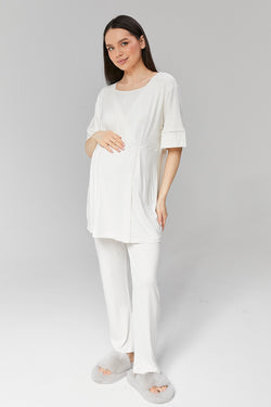 Image of Kruvaze Lohusa Pijama ve Dantel Detaylı Sabahlık Takımı - 519