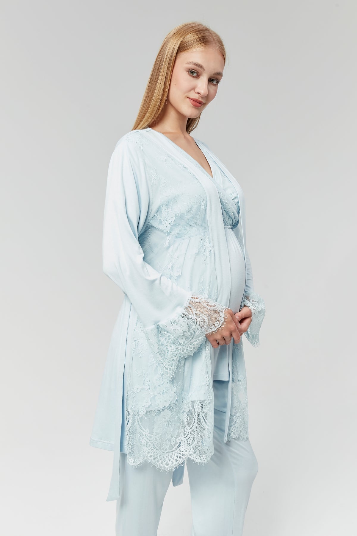 Kruvaze Lohusa Pijama ve Dantel İşlemeli Sabahlık Takımı - 527