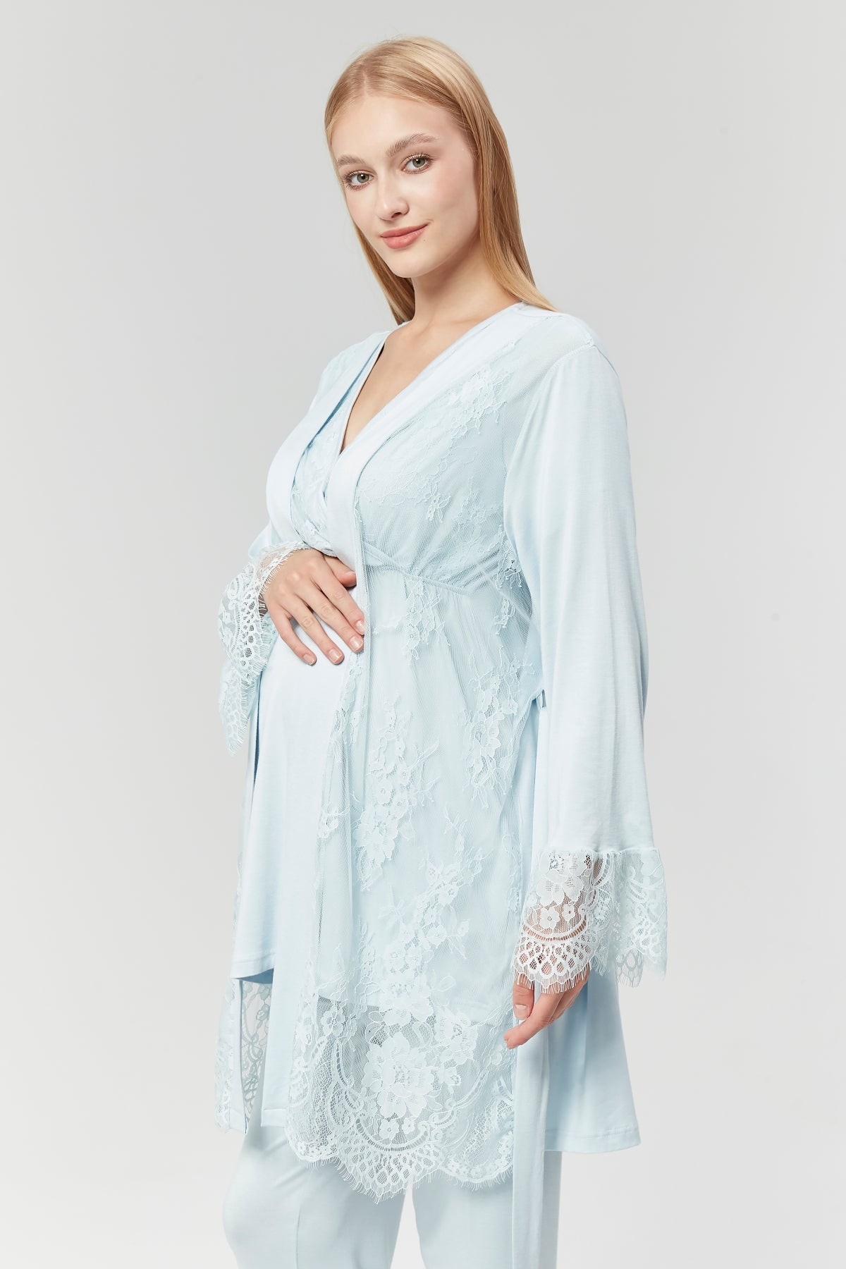 Kruvaze Lohusa Pijama ve Dantel İşlemeli Sabahlık Takımı - 527