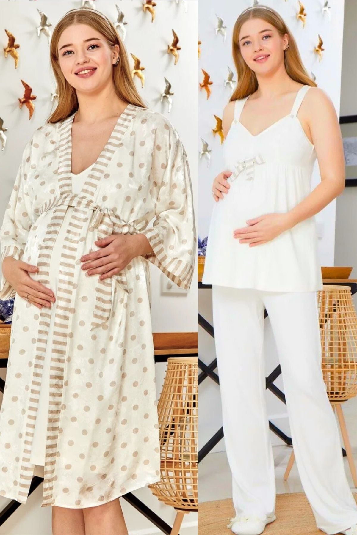 Askılı Dantelli Yaka Lohusa Pijama ve Truvakar Kol Sabahlık Takımı - 545546