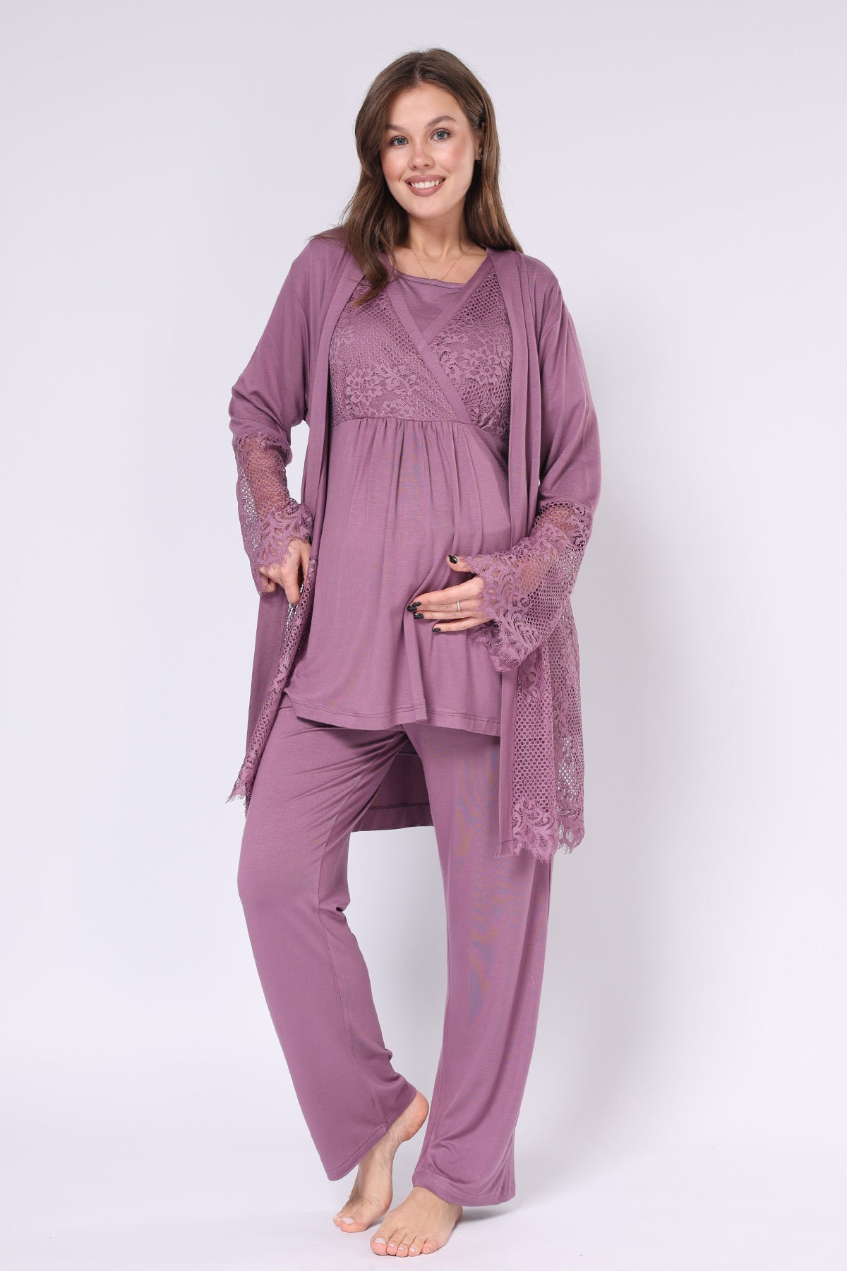 Dantel İşlemeli Lohusa Pijama ve Sabahlık Takımı - 550
