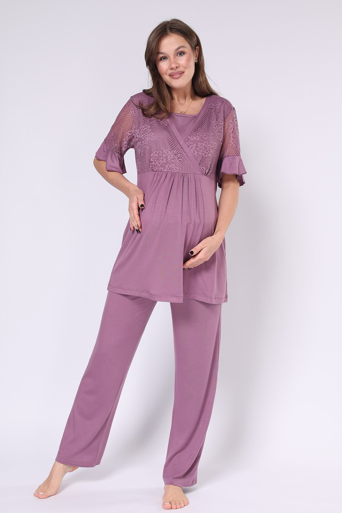 Dantel İşlemeli Lohusa Pijama ve Sabahlık Takımı - 550