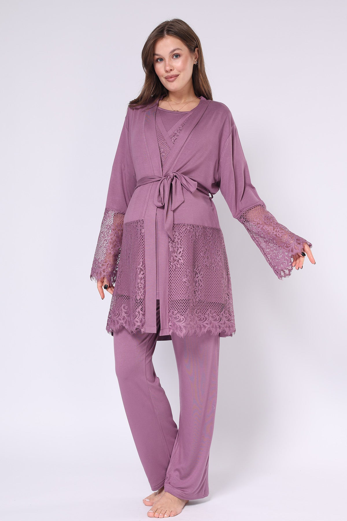 Dantel İşlemeli Lohusa Pijama ve Sabahlık Takımı - 550