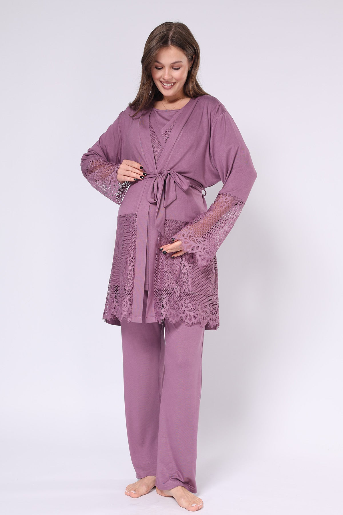 Dantel İşlemeli Lohusa Pijama ve Sabahlık Takımı - 550