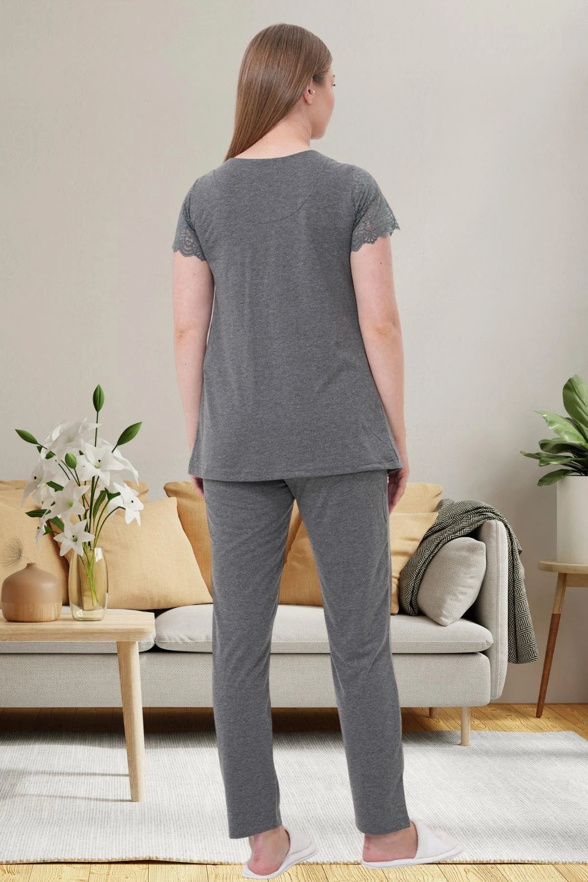 Dantelli Omuz Lohusa Pijama Takımı - 6056