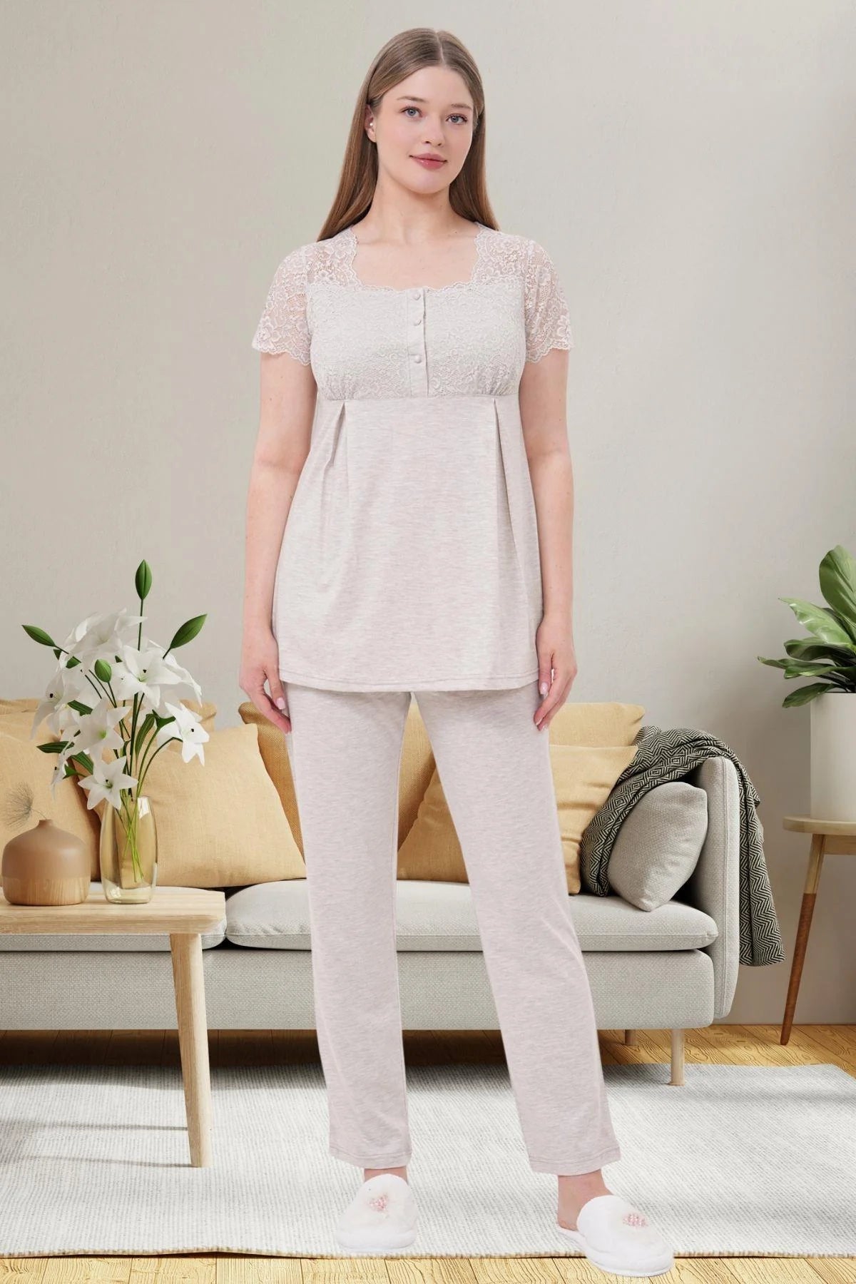 Dantelli Omuz Lohusa Pijama Takımı - 6056