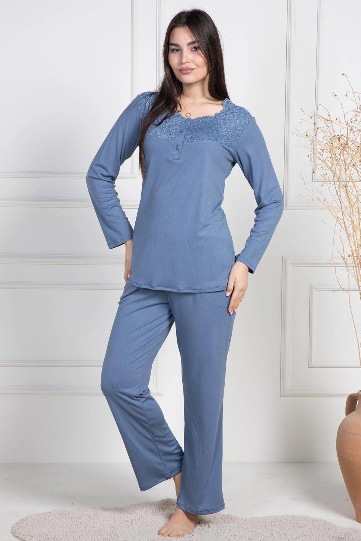Dantelli Yaka Lohusa Pijama Takımı - 6104