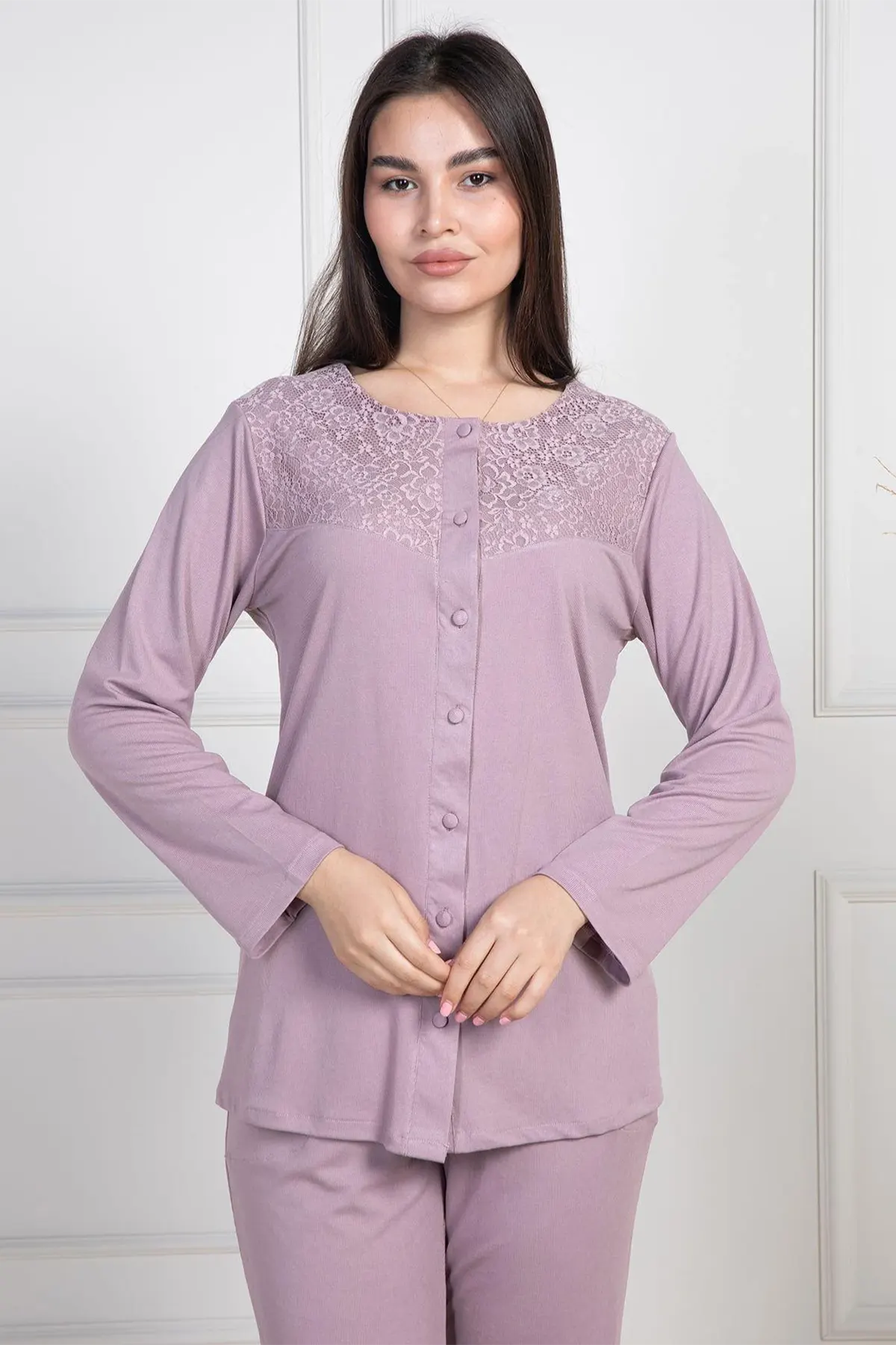Dantelli Yaka Önden Düğmeli Lohusa Pijama Takımı - 6105