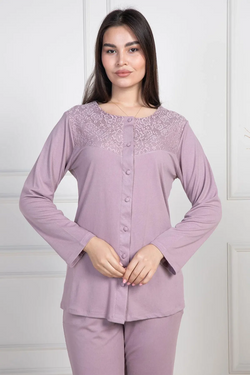 Image of Dantelli Yaka Önden Düğmeli Lohusa Pijama Takımı - 6105