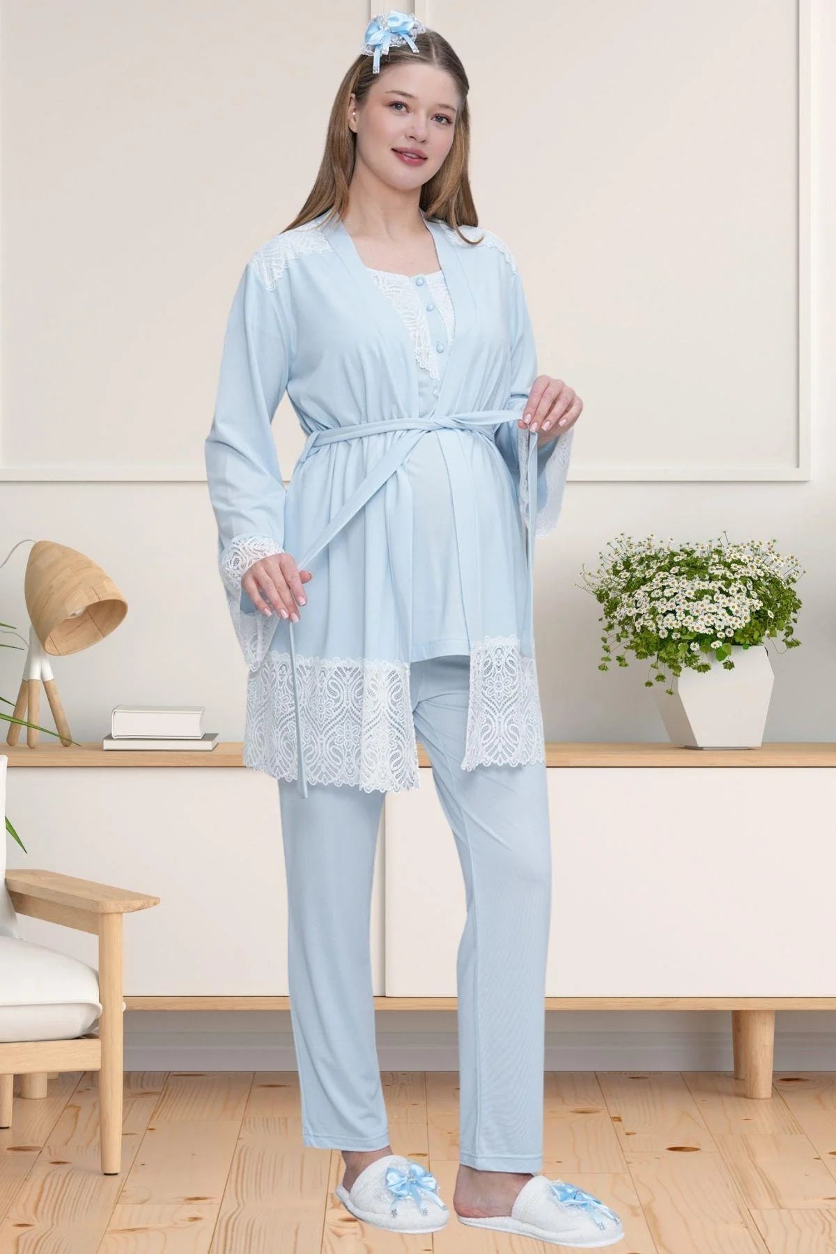 Dantel Detaylı Lohusa Pijama ve Sabahlık Takımı - 6203