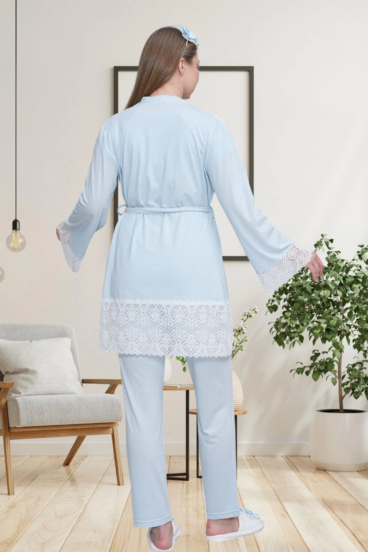 Dantel Detaylı Lohusa Pijama ve Sabahlık Takımı - 6203