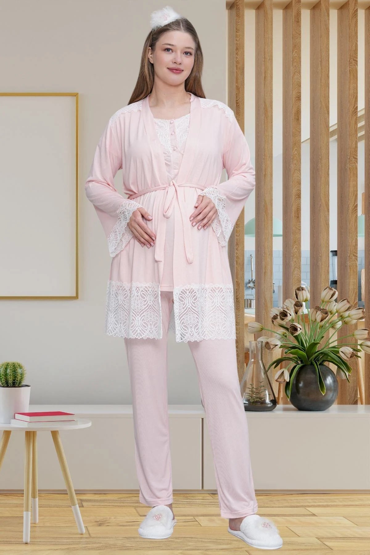 Dantel Detaylı Lohusa Pijama ve Sabahlık Takımı - 6203
