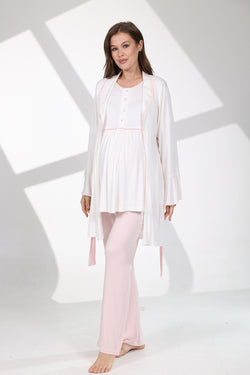 Image of Pembe Biyeli Lohusa Pijama ve Volan Kol Sabahlık Takımı - 709