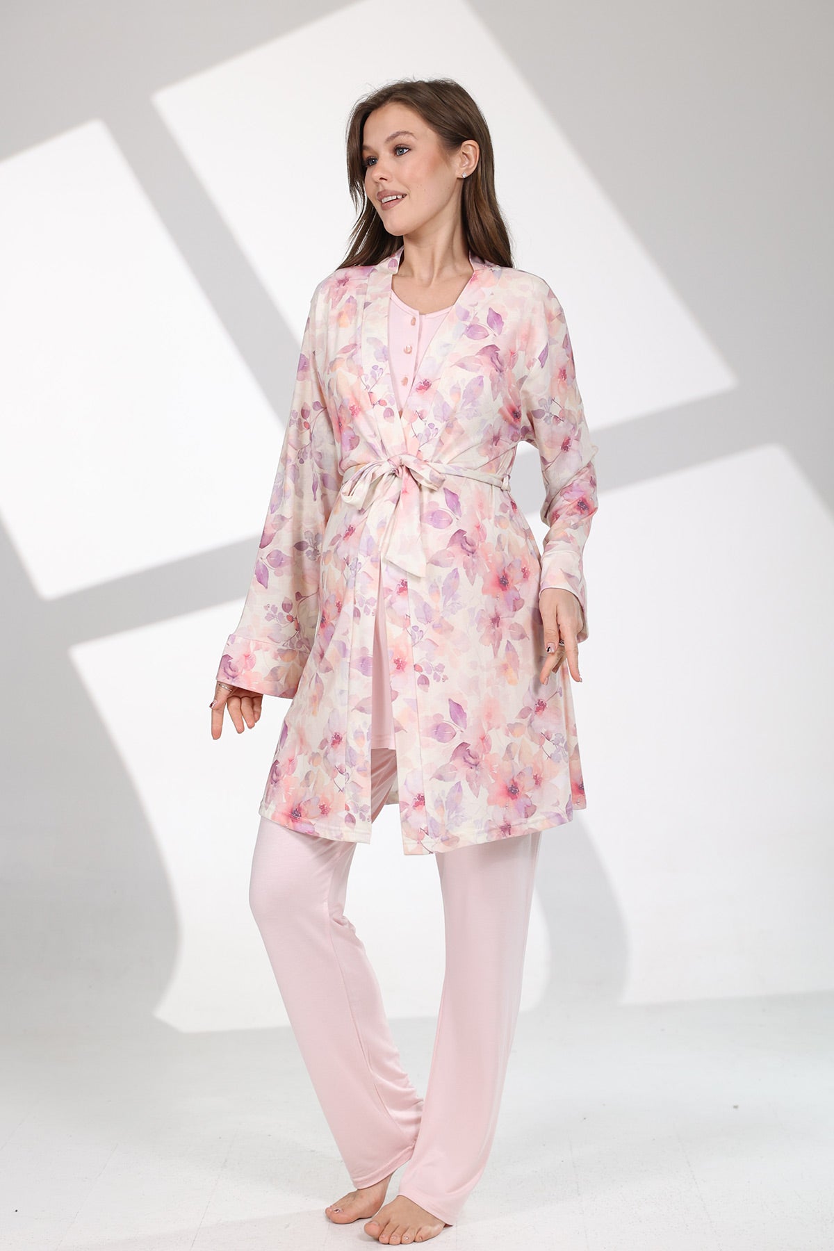 Dantelli Kol Lohusa Pijama ve Desenli Sabahlık Takımı - 715