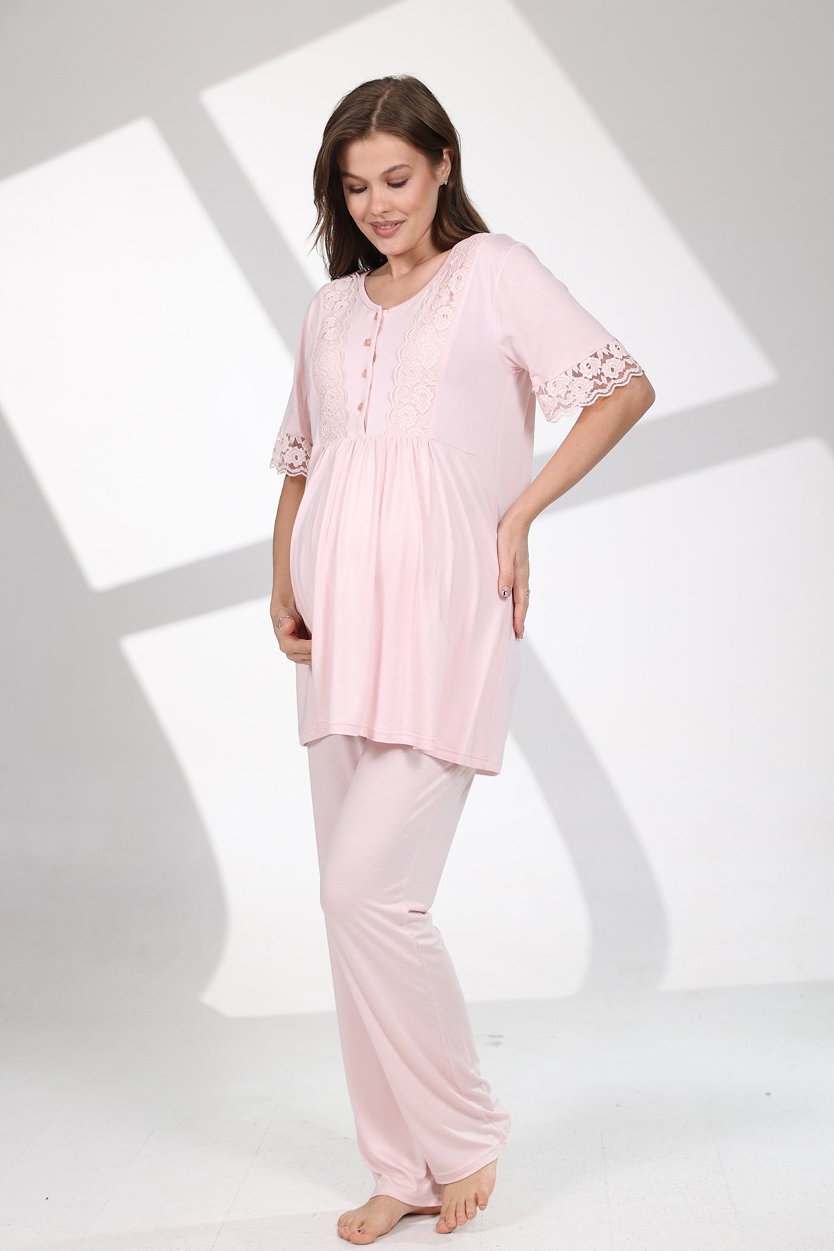 Dantelli Kol Lohusa Pijama ve Desenli Sabahlık Takımı - 715