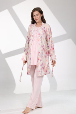 Image of Dantelli Kol Lohusa Pijama ve Desenli Sabahlık Takımı - 715