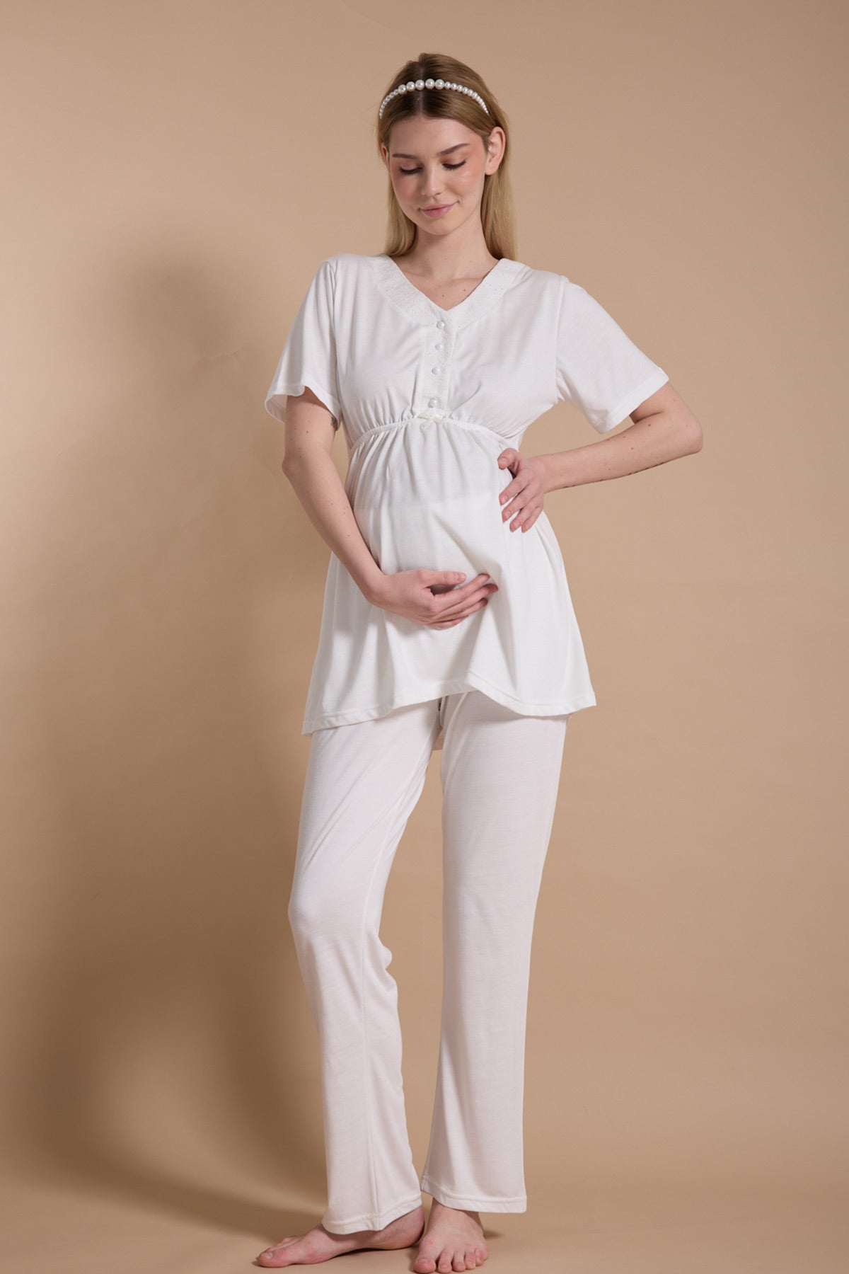 V-Yaka Lohusa Pijama ve Fistolu Sabahlık Takımı - 717