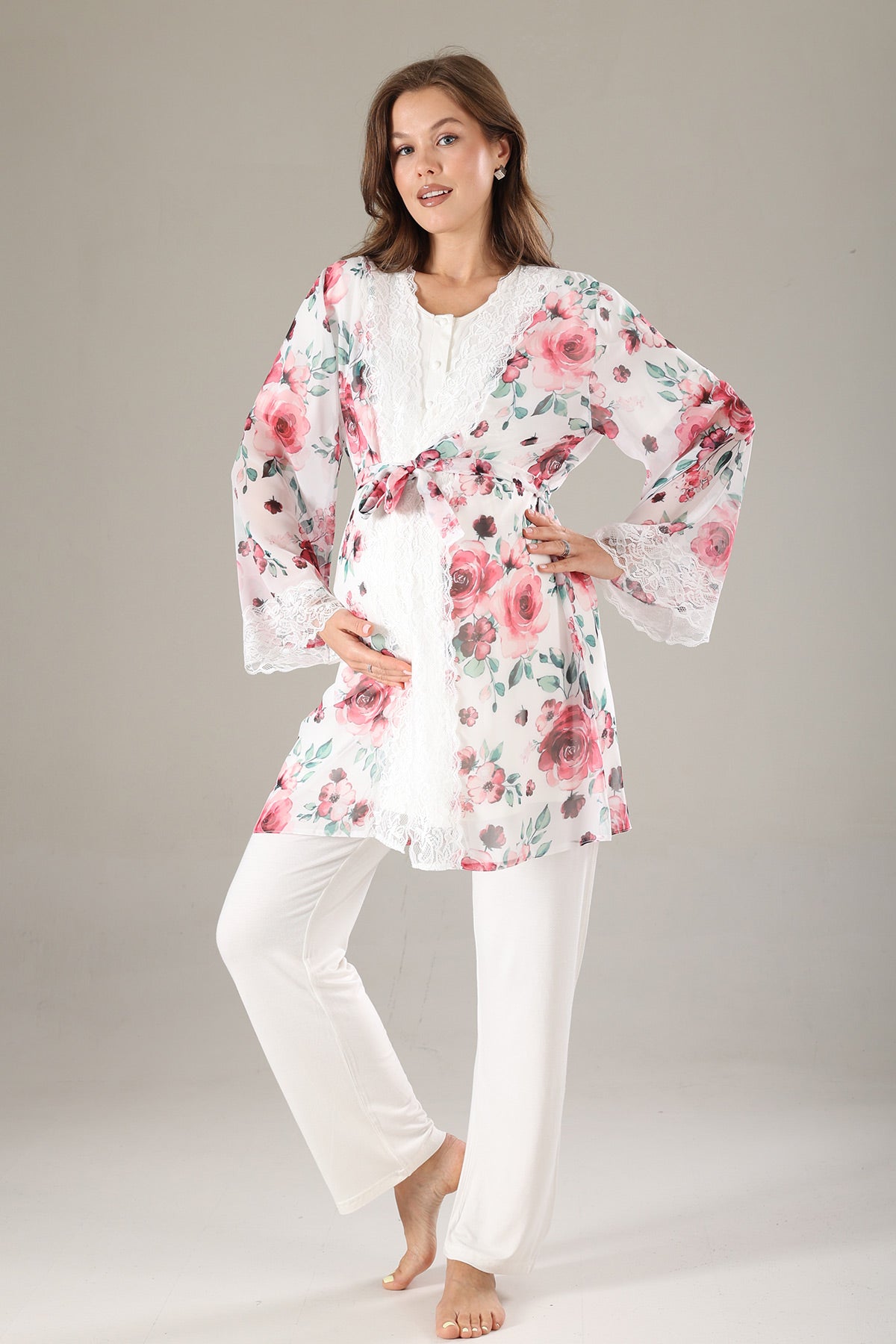 Dantelli Lohusa Pijama ve Dantelli Şifon Sabahlık Takımı - 813